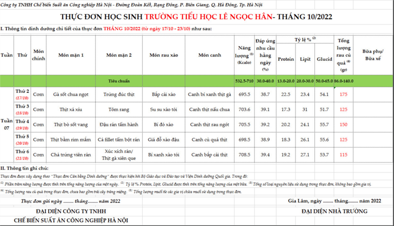 Thực đơn ăn bán trú tuần 7 từ ngày 17/10 đến ngày 23/10/2022